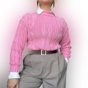Classic Pink Cable Knit 100% Cotton Sweater Preppy Style Mock neck - Small